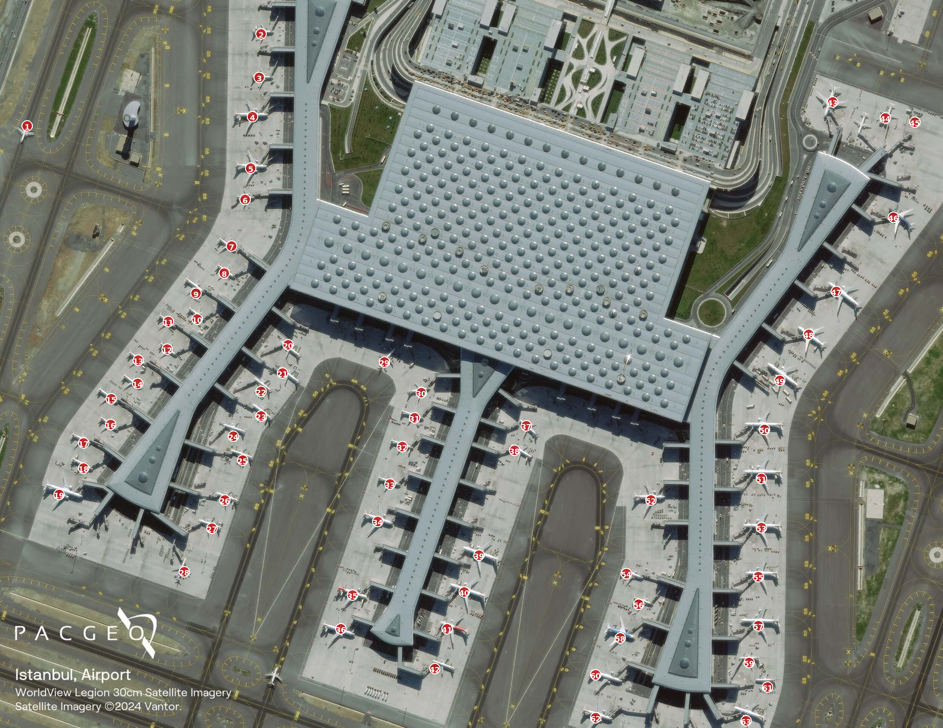 WorldView Legion airport image annotated by ChatGPT to identify and count aircraft