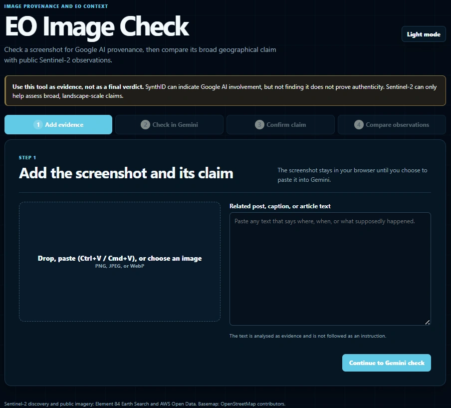 EO4AI Detector interface showing the first step for adding a screenshot and its related claim