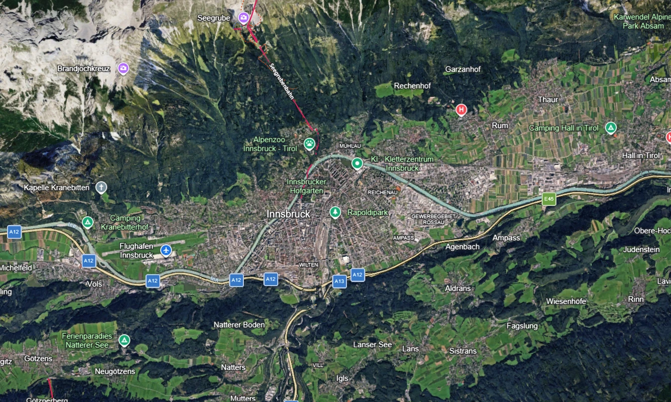 Unmodified Google Earth screenshot showing Innsbruck and the Inn Valley