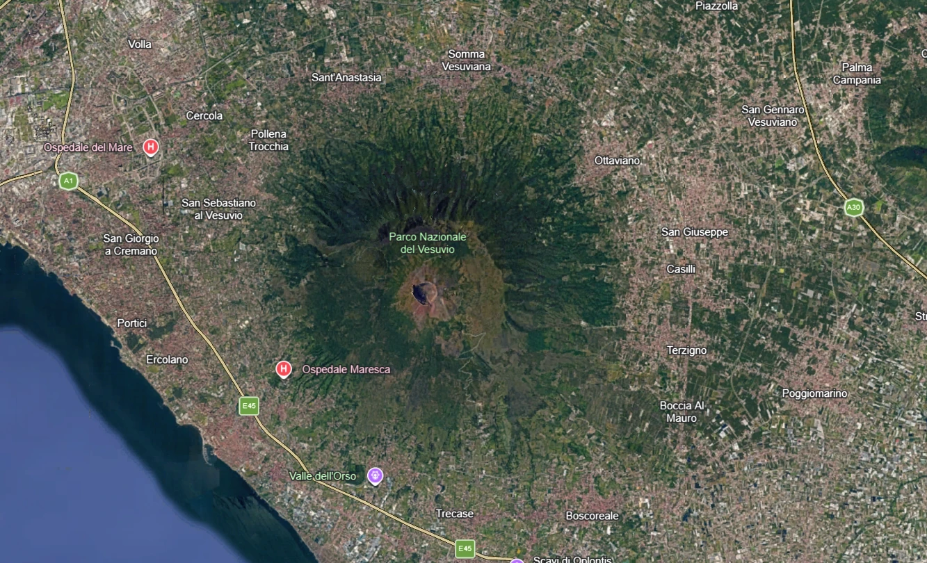 Unmodified Google Earth screenshot showing Mount Vesuvius and the surrounding settlements