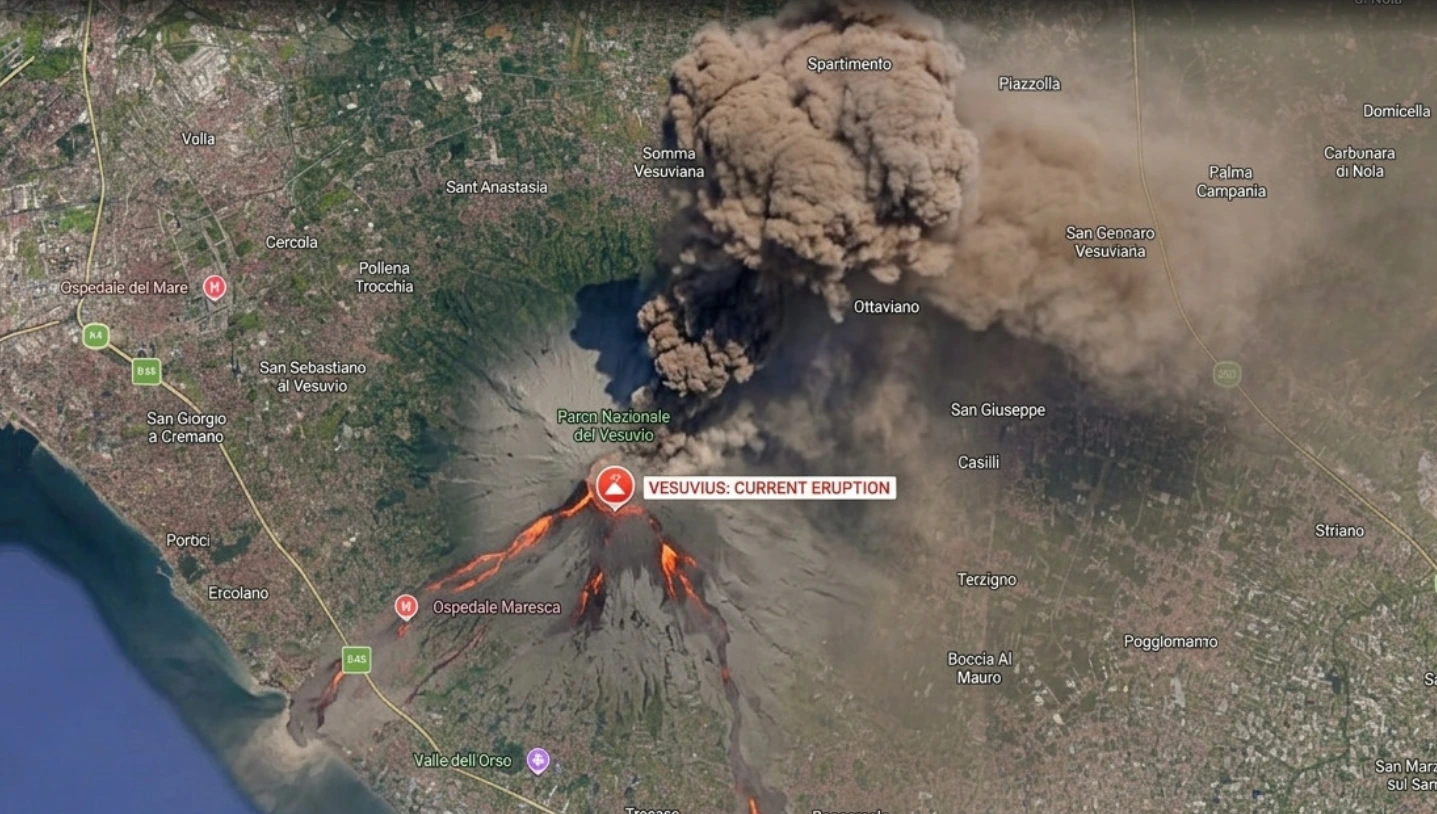 Synthetic test image of Mount Vesuvius showing a fictional eruption, smoke and lava